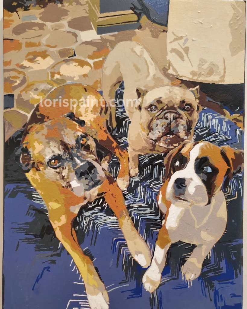finished custom paint by numbers kit of a painting of a group of dogs