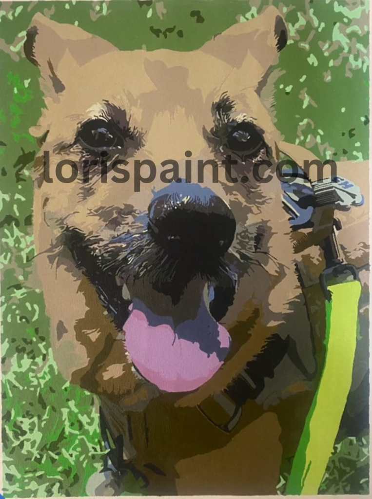 finished custom paint by numbers kit of a small dog on grass